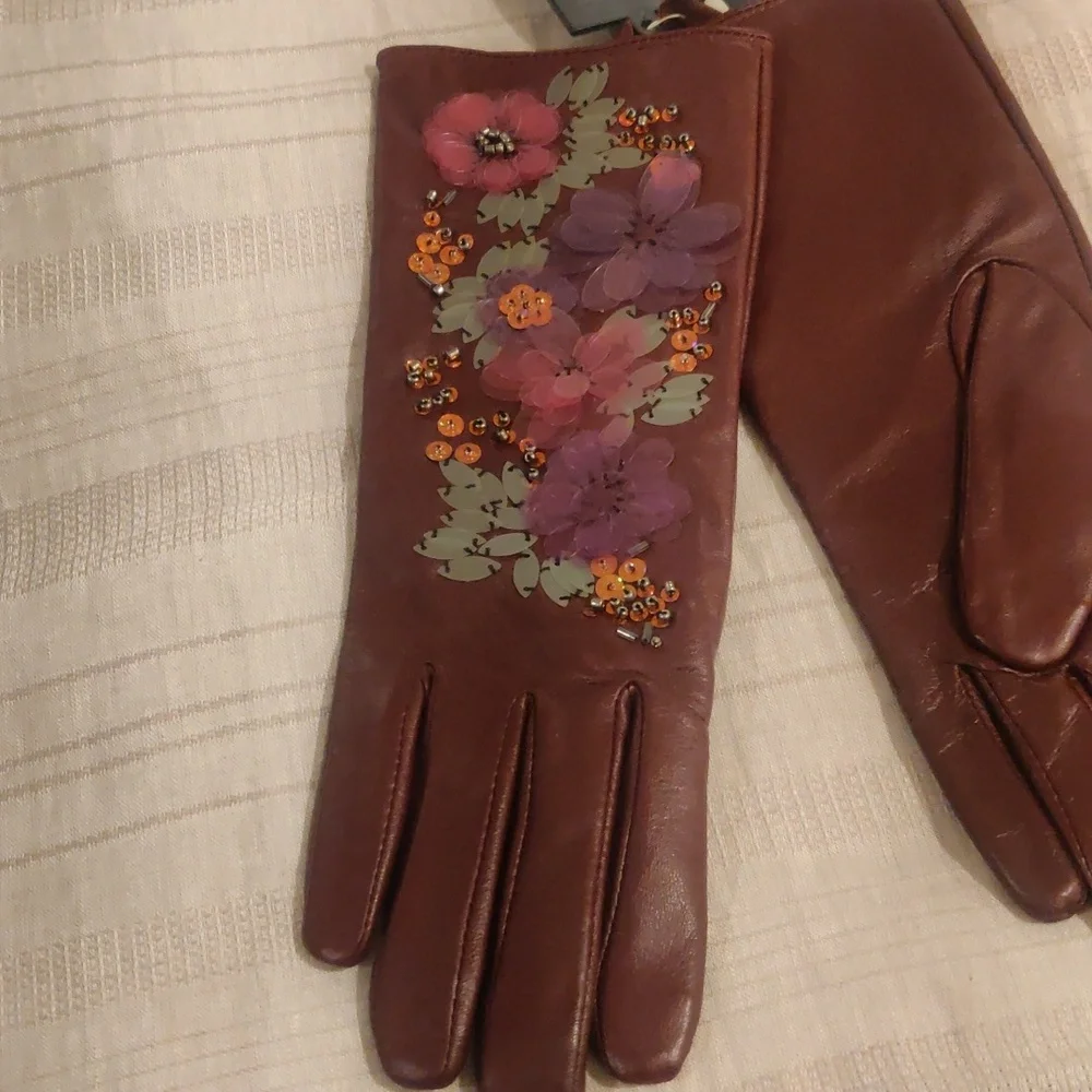 NEW Echo Genuine Burgundy/Red real Leather embroidered beads Gloves Retro Y2K - Picture 2 of 10